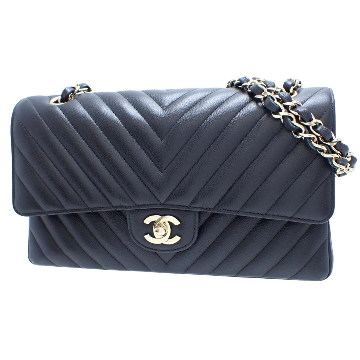 Chevron V-Stitch Double Flap 25 Chain Shoulder Bag in Black Caviar Leather