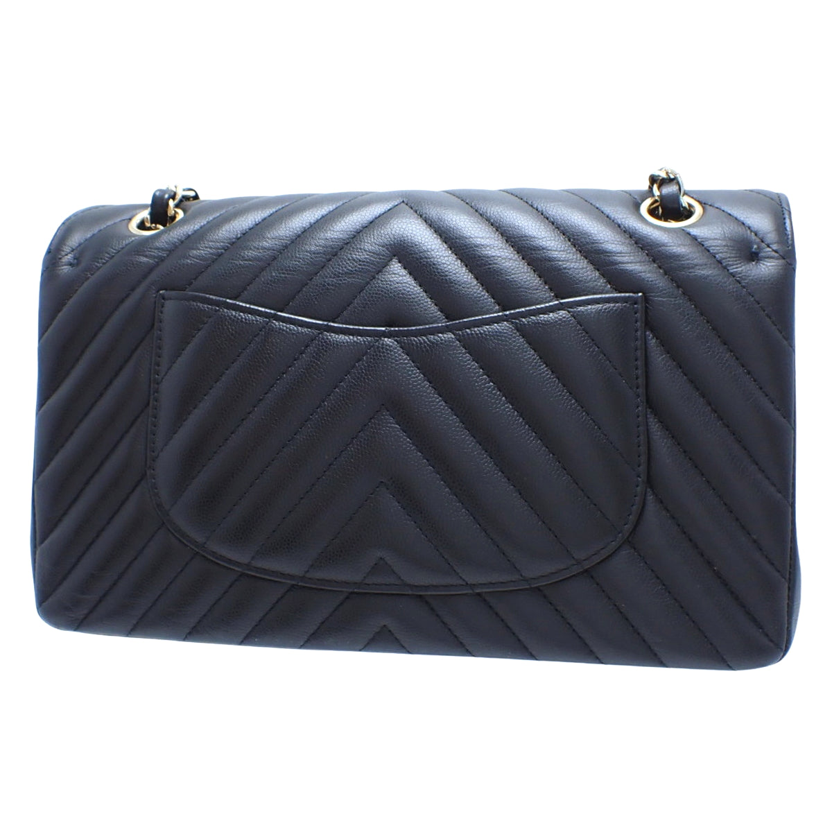 Chevron V-Stitch Double Flap 25 Chain Shoulder Bag in Black Caviar Leather