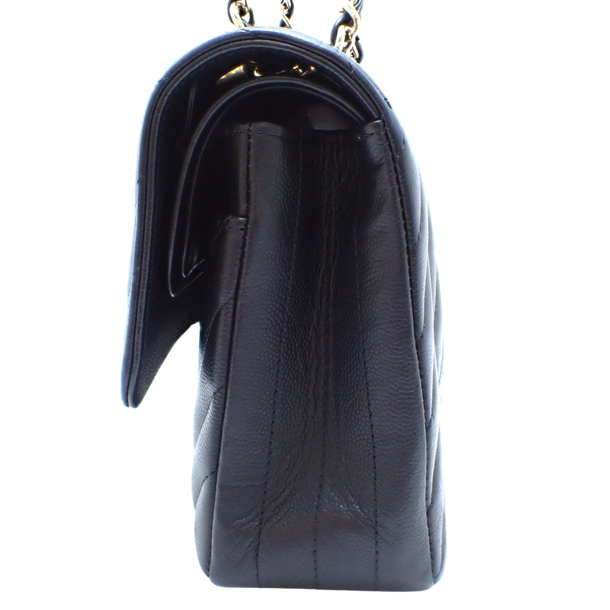 Chevron V-Stitch Double Flap 25 Chain Shoulder Bag in Black Caviar Leather