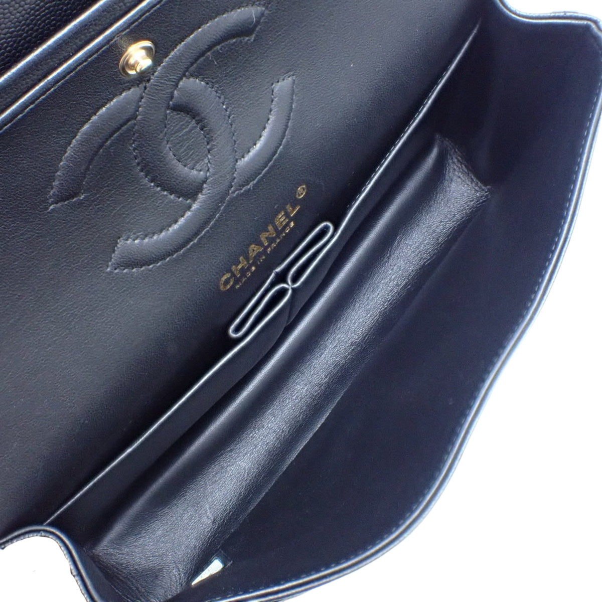 Chevron V-Stitch Double Flap 25 Chain Shoulder Bag in Black Caviar Leather