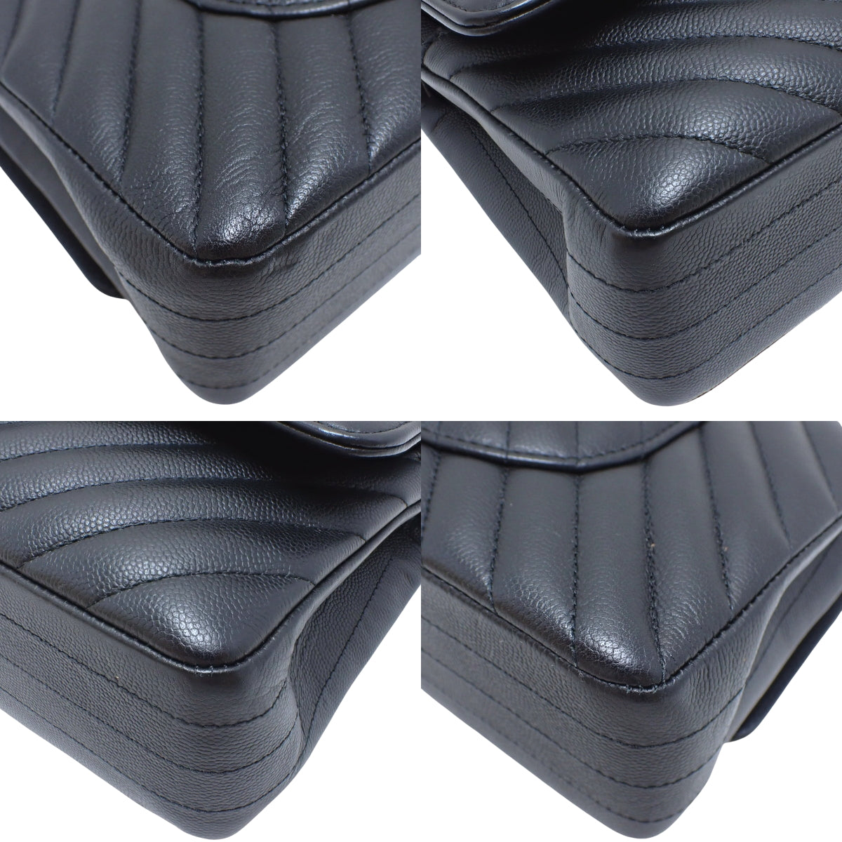 Chevron V-Stitch Double Flap 25 Chain Shoulder Bag in Black Caviar Leather