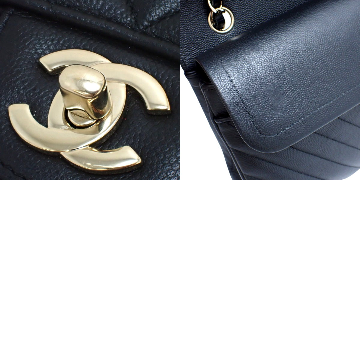 Chevron V-Stitch Double Flap 25 Chain Shoulder Bag in Black Caviar Leather