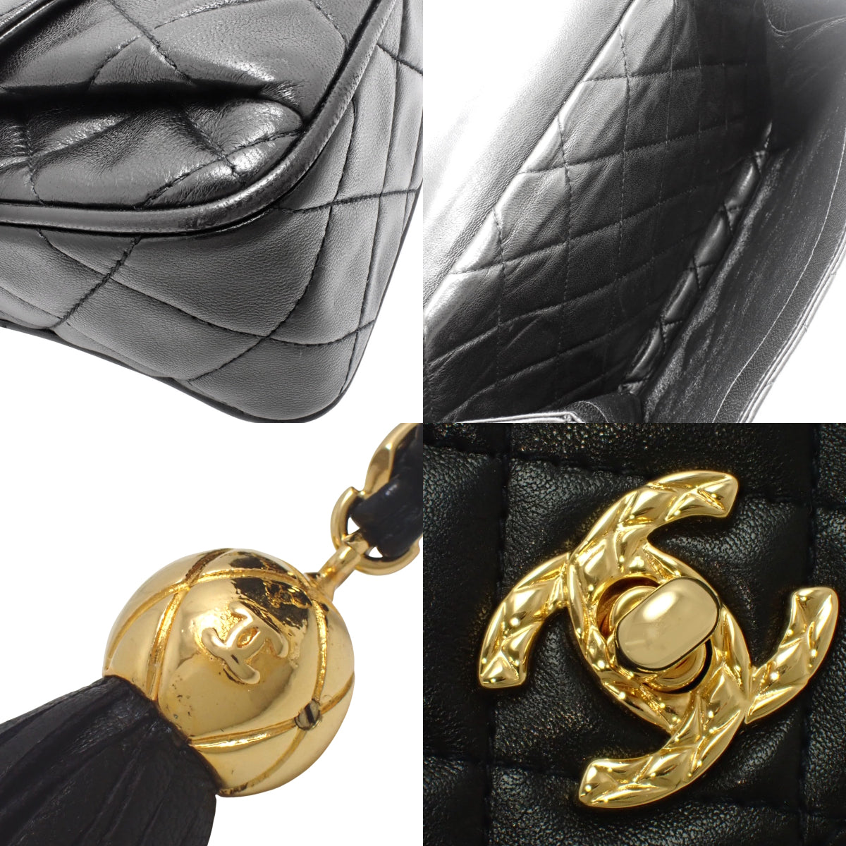 黑色羊皮绗缝 Coco Mark 流苏链条单肩包