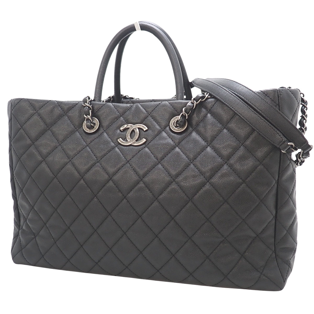 香奈儿(Chanel)Matelasse系列双C标志两用包,鱼子酱纹皮革,黑色。