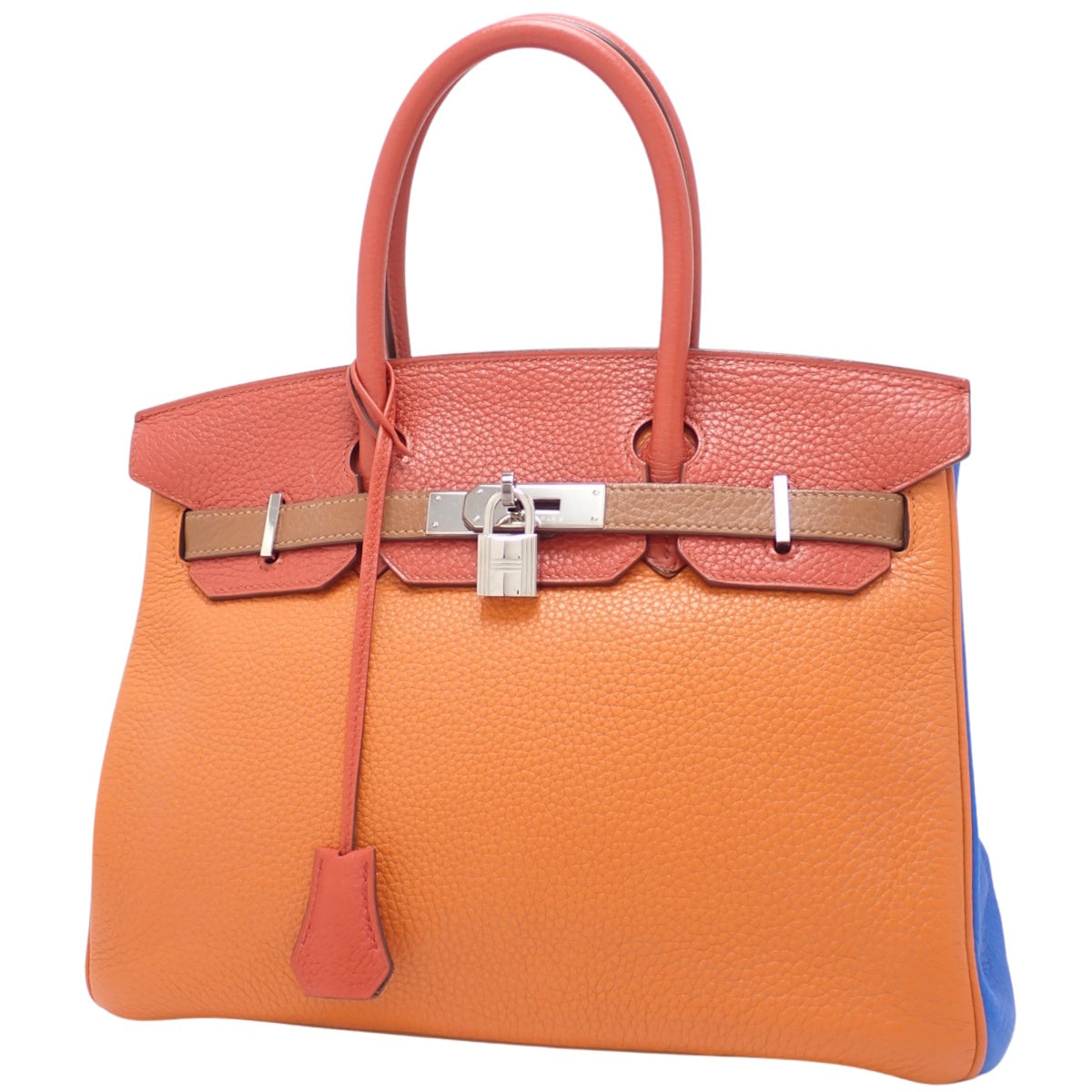 Birkin 30 Arlequin,Taurillon Clemence皮革,钯金五金件,橙色、伊坦色、血红色、蓝色伊德拉色、蓝色朗色,金色、银色五金件,□P刻印。