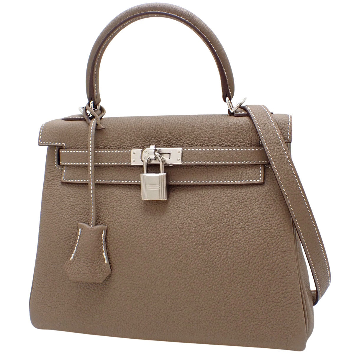 凯莉25(内缝)Taurillon Clemence皮革,钯金配件,象灰色/灰褐色,银色配件,B刻印。