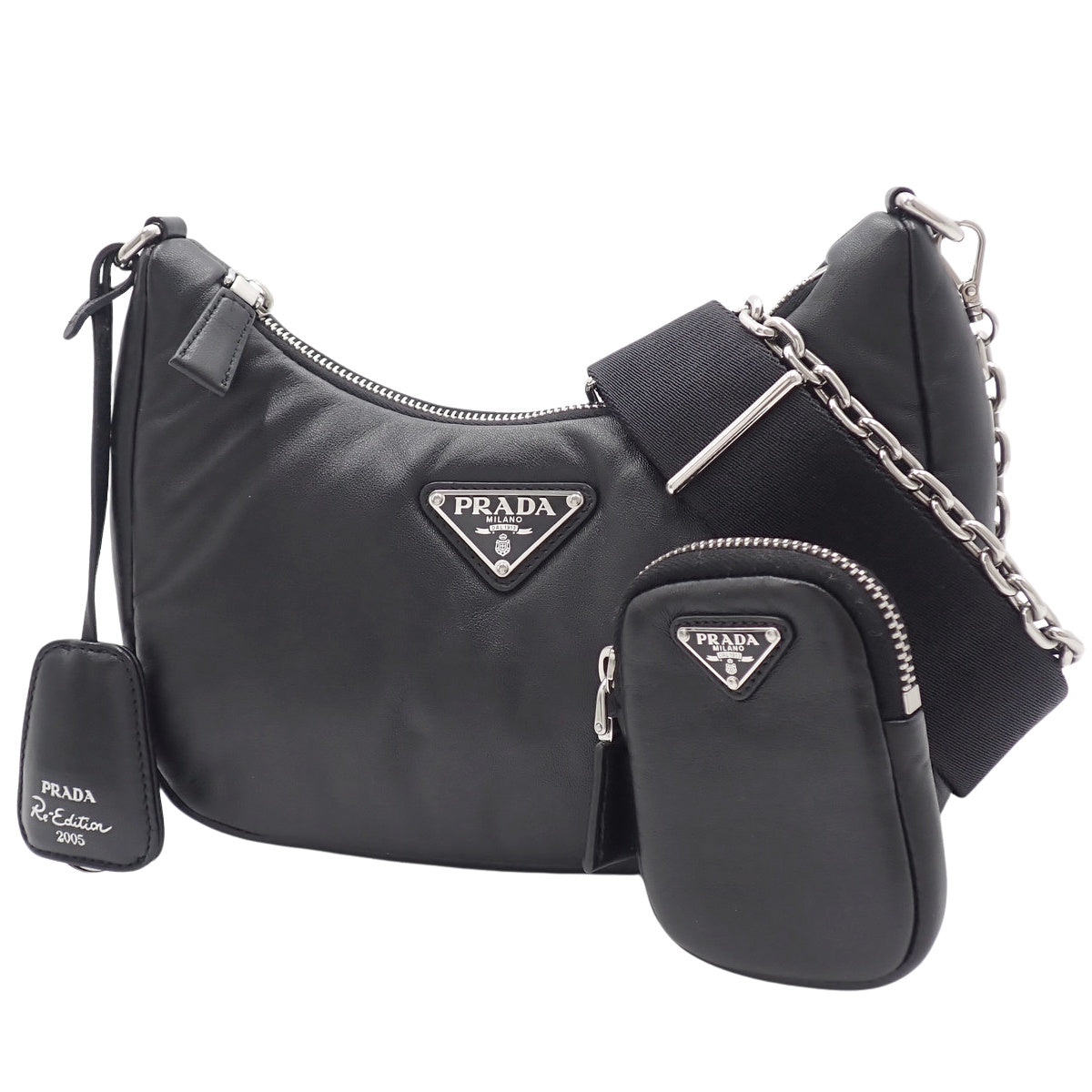 Re-Edition 2005 Leather Bag, Black, 1BH204 2DYI F0002, Shoulder Bag, Triangle Logo Plate, Re-edition