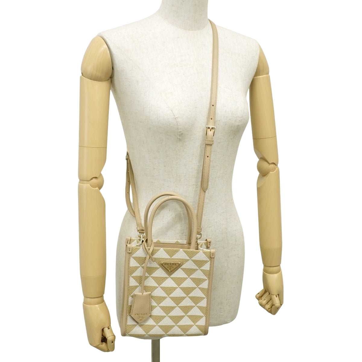 标志刺绣迷你包,帆布拼萨菲亚诺皮革,米色/白色,1BA355