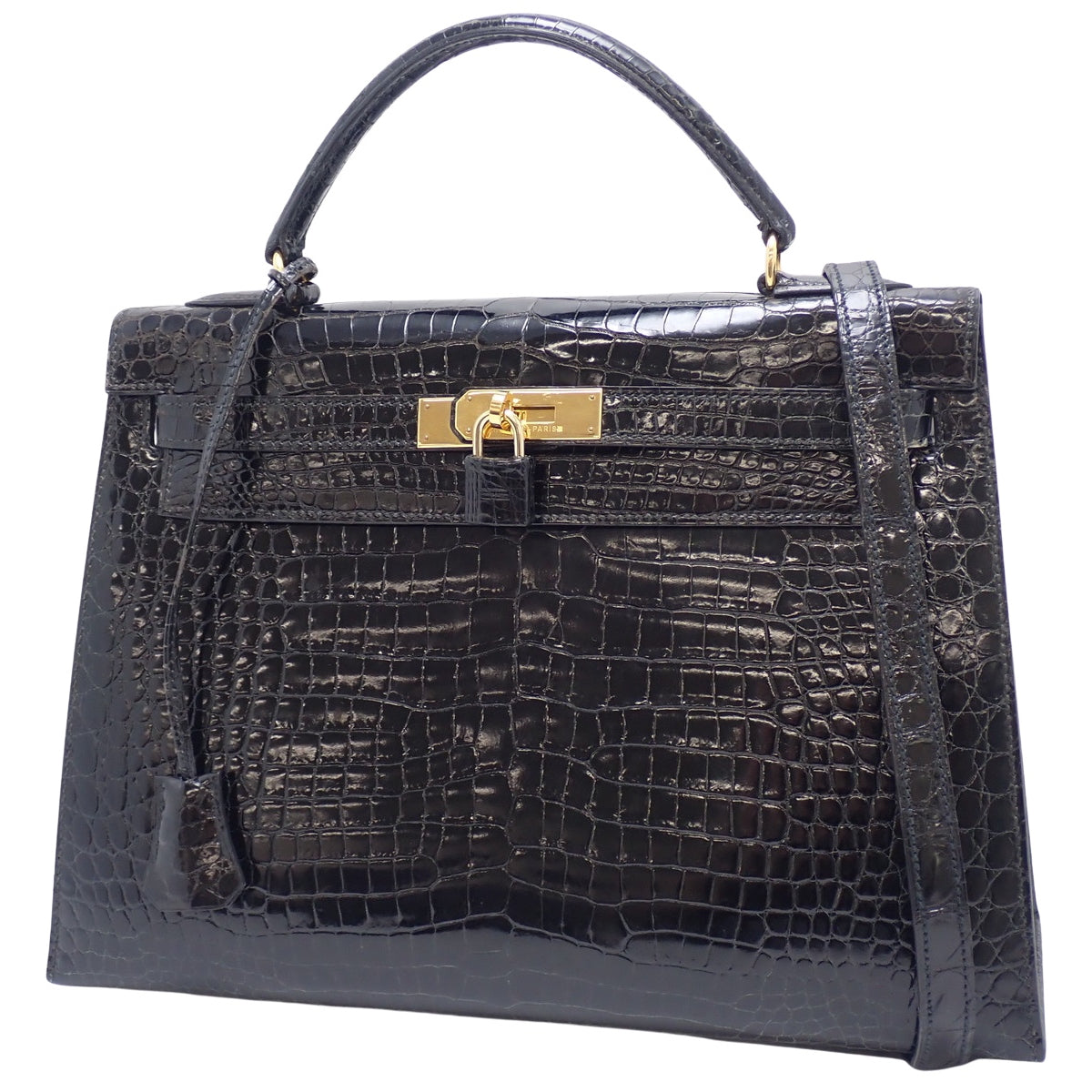 Kelly 32 (Exterior Stitched) Porosus Crocodile, Black, Gold Hardware, W Stamp