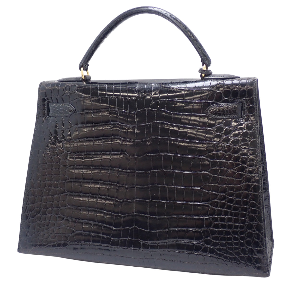 Kelly 32 (Exterior Stitched) Porosus Crocodile, Black, Gold Hardware, W Stamp