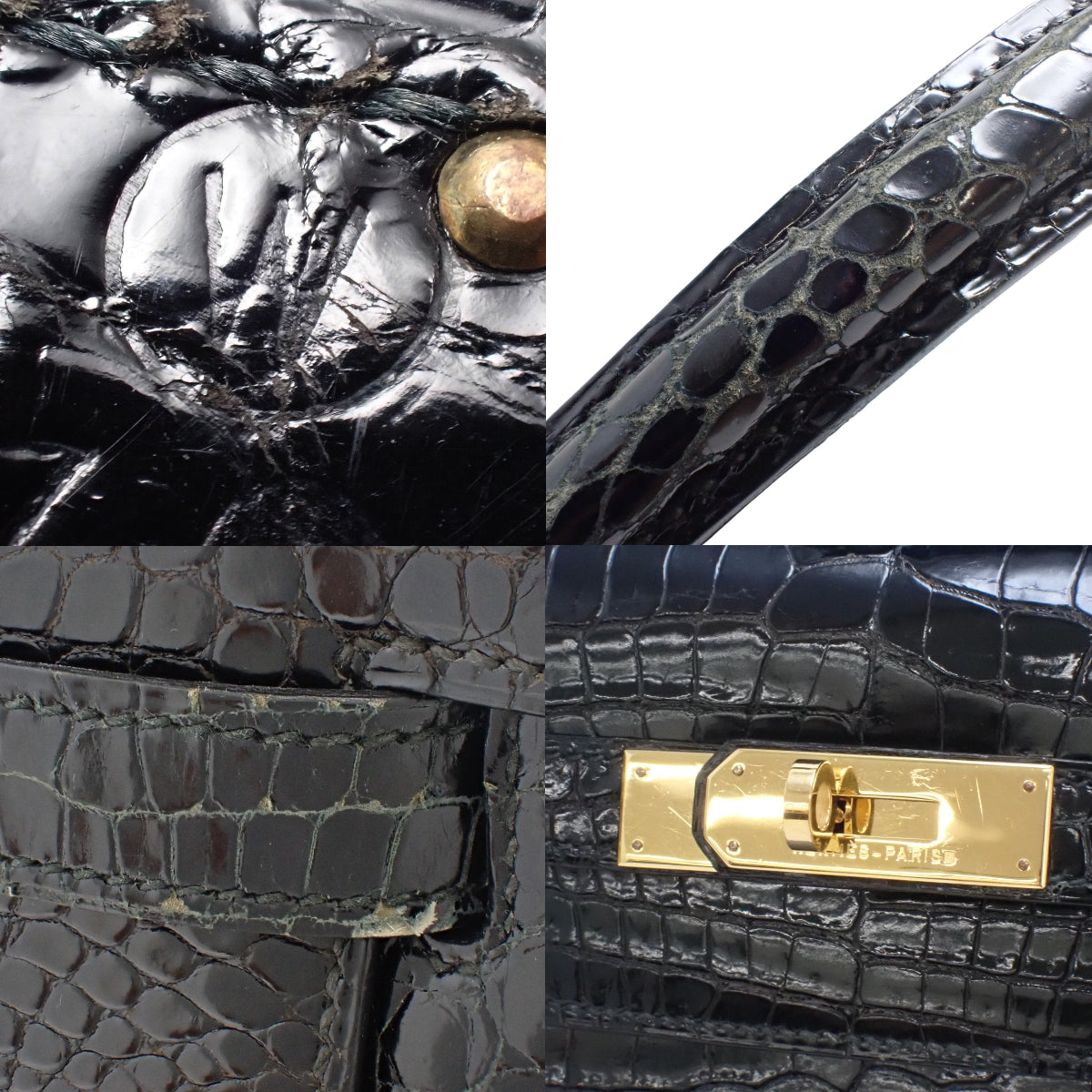 Kelly 32 (Exterior Stitched) Porosus Crocodile, Black, Gold Hardware, W Stamp