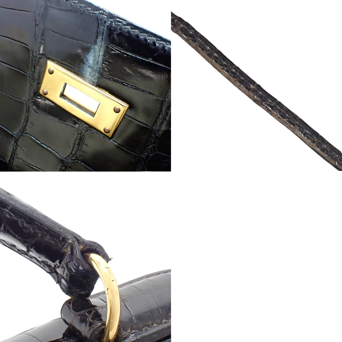 Kelly 32 (Exterior Stitched) Porosus Crocodile, Black, Gold Hardware, W Stamp