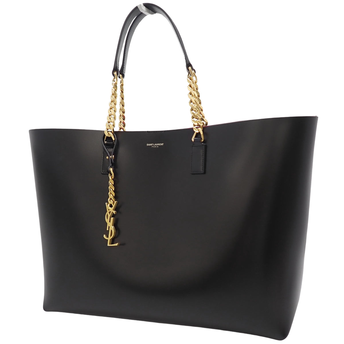 Chain tote bag, leather, black, pink