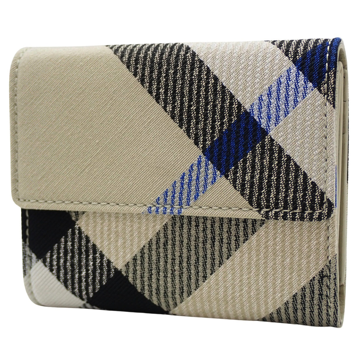 Check Pattern Tri-Fold Wallet, Cotton, Polyester, Leather, Beige, Black, Blue, 8086005