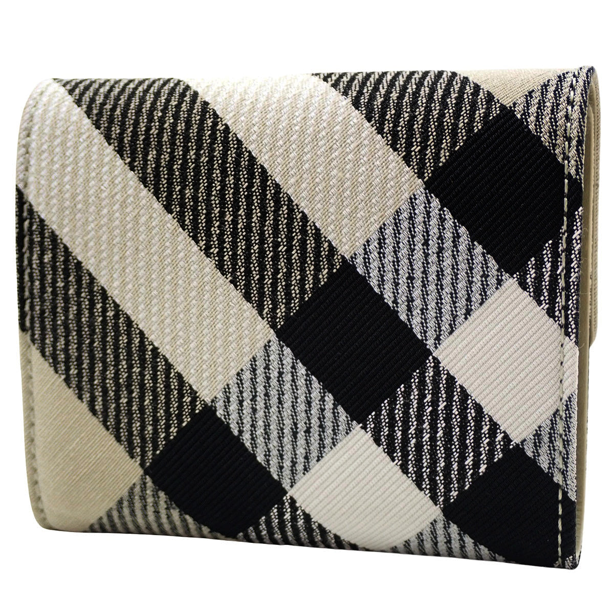 Check Pattern Tri-Fold Wallet, Cotton, Polyester, Leather, Beige, Black, Blue, 8086005