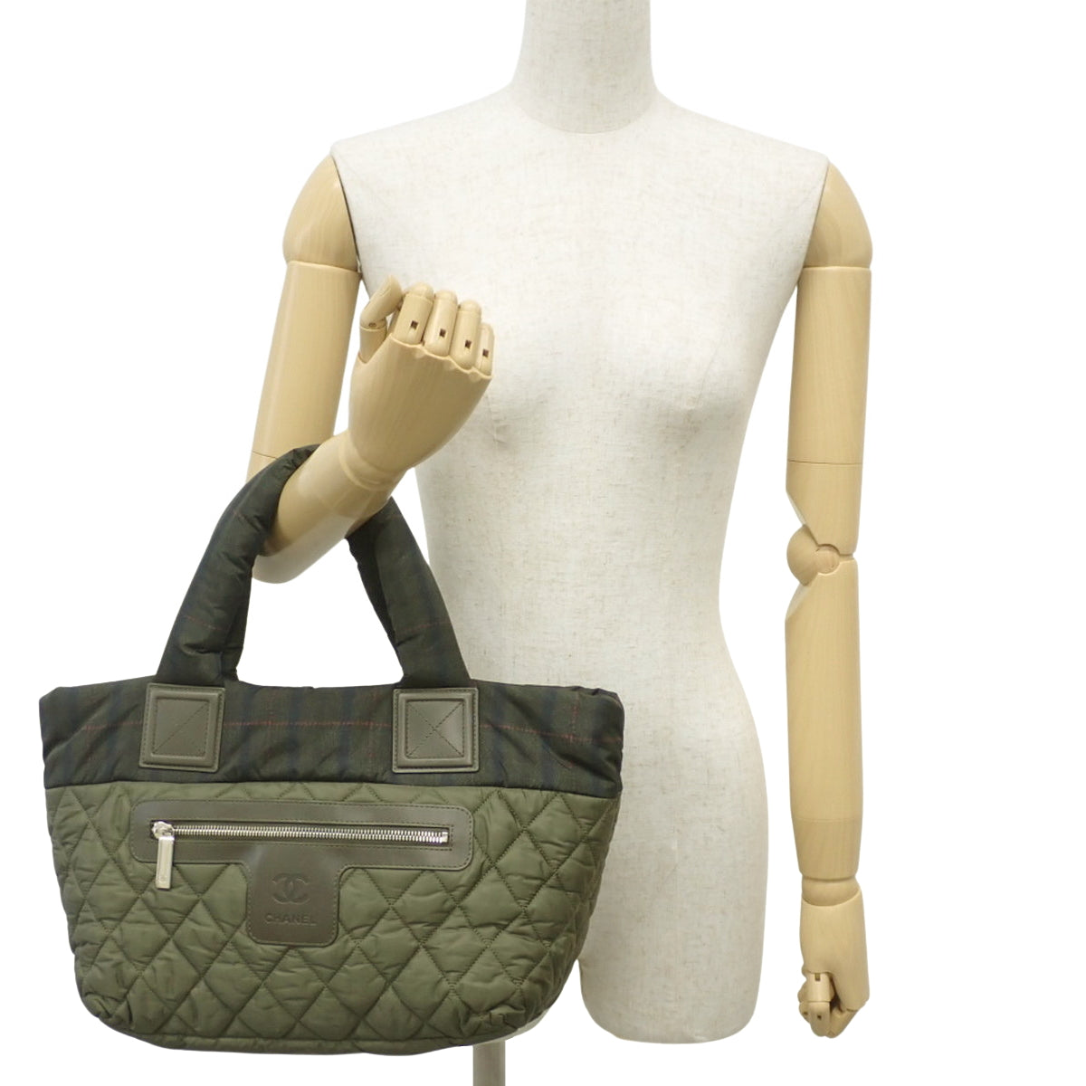 Cocoon Tote Bag, Nylon, Khaki/Beige, A48611, Check Pattern