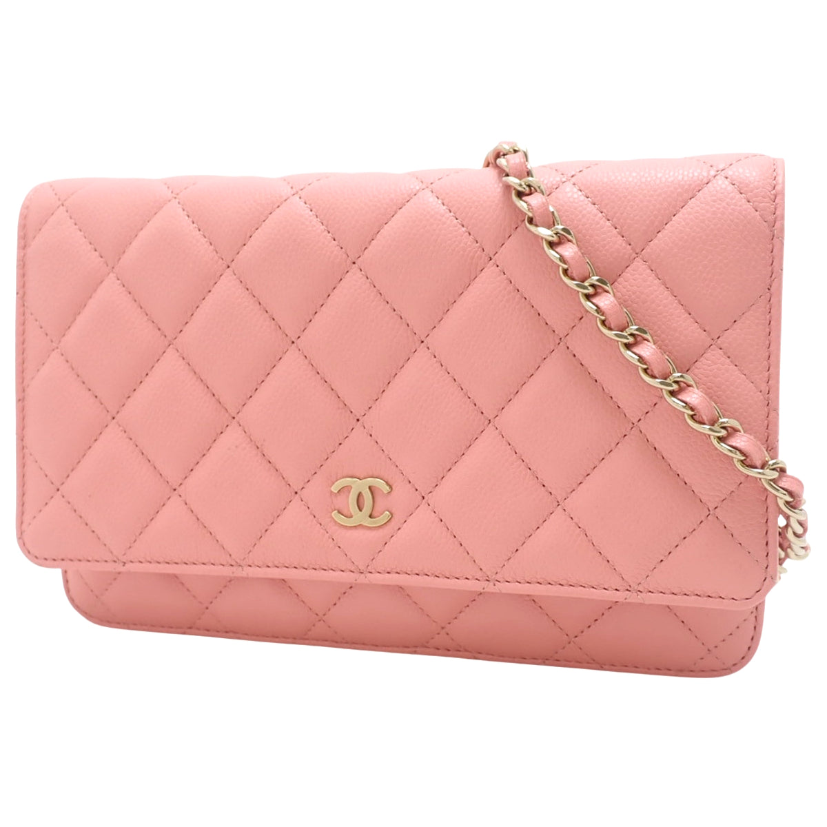 Matelasse Coco Mark 鱼子酱纹皮革链条钱包,粉色,AP0250
