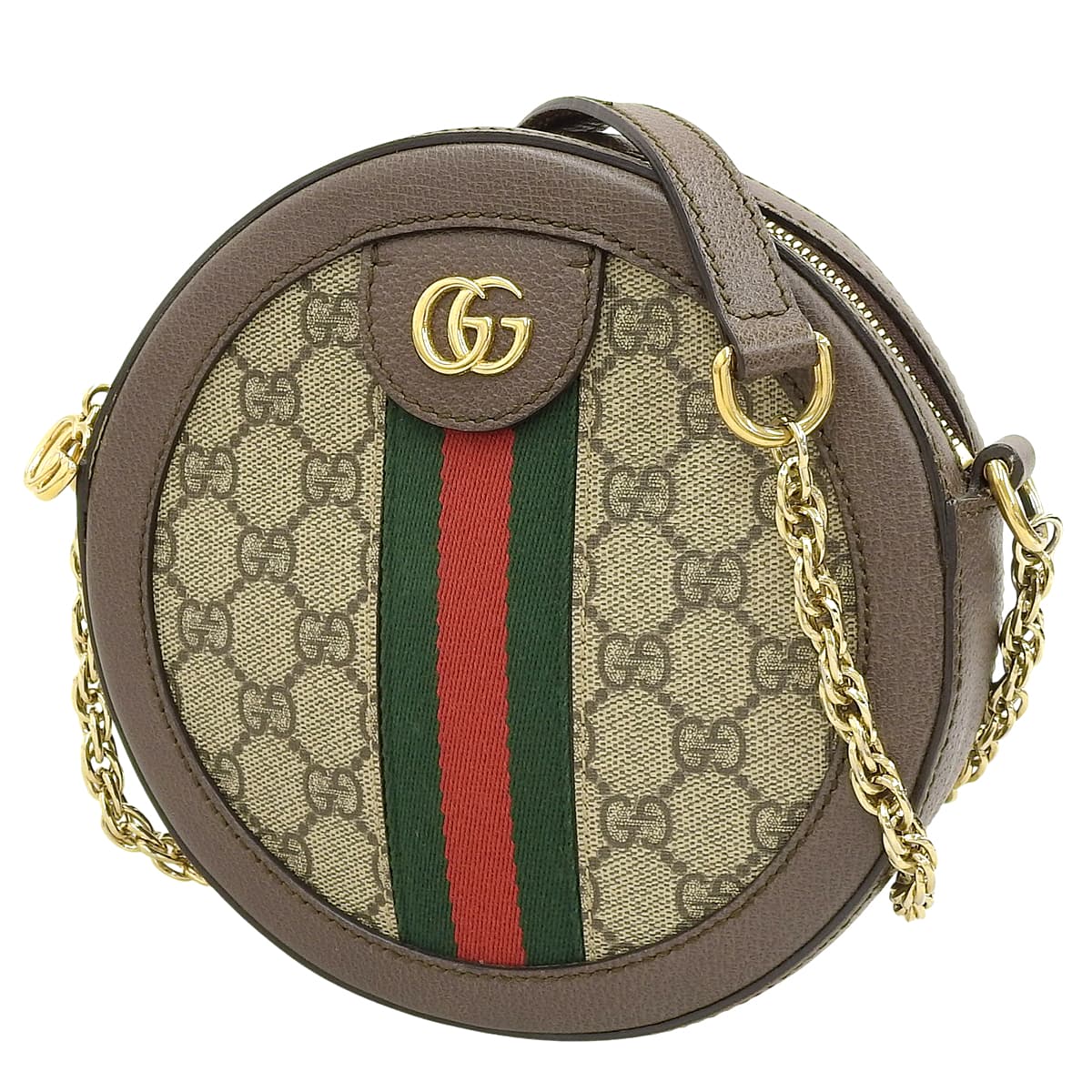 Ophidia GG Mini Round Shoulder Bag in GG Supreme Canvas and Leather, Beige, Brown, and Green, 550618