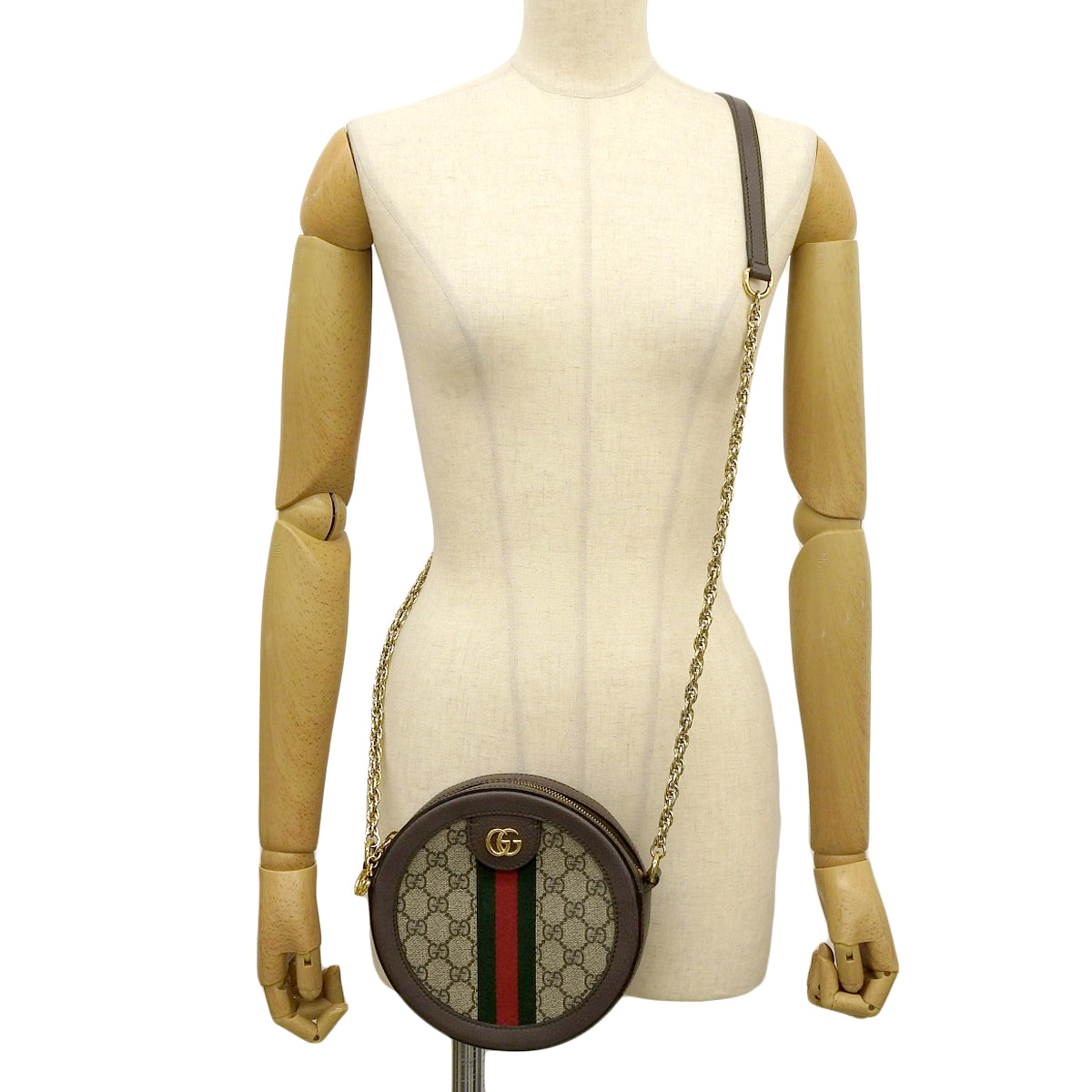 Ophidia GG Mini Round Shoulder Bag in GG Supreme Canvas and Leather, Beige, Brown, and Green, 550618