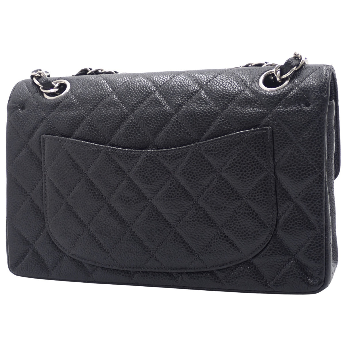 Matelasse Coco标志双层翻盖链条单肩包,鱼子酱纹皮革,黑色