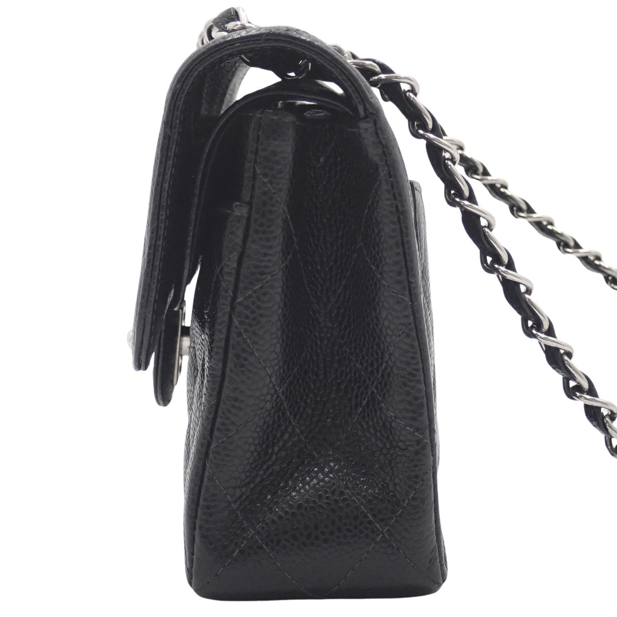 Matelasse Coco标志双层翻盖链条单肩包,鱼子酱纹皮革,黑色