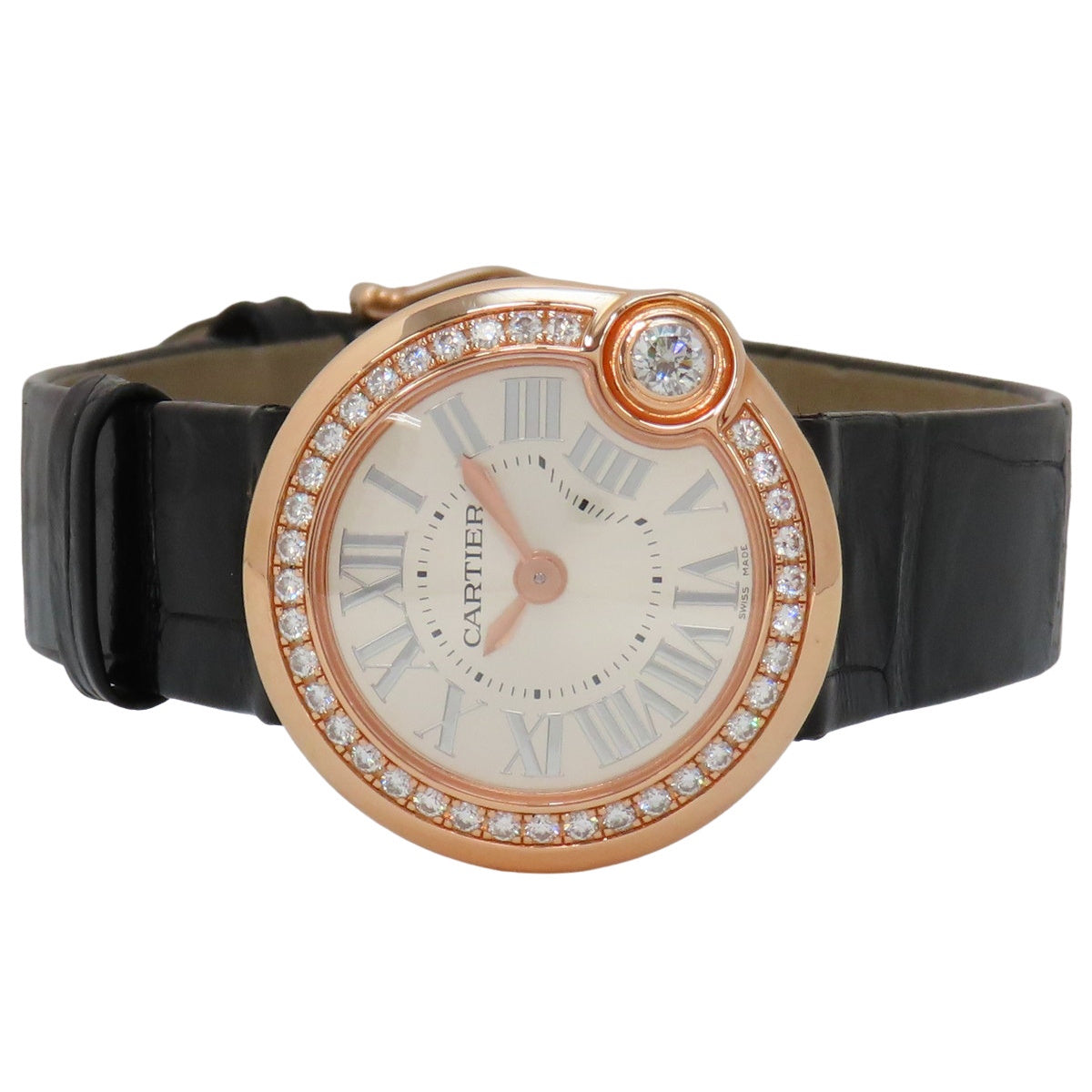バロンブルー ドゥ カルティエ ダイヤベゼル WJBL0006 PG/革 シルバー クオーツ レディース