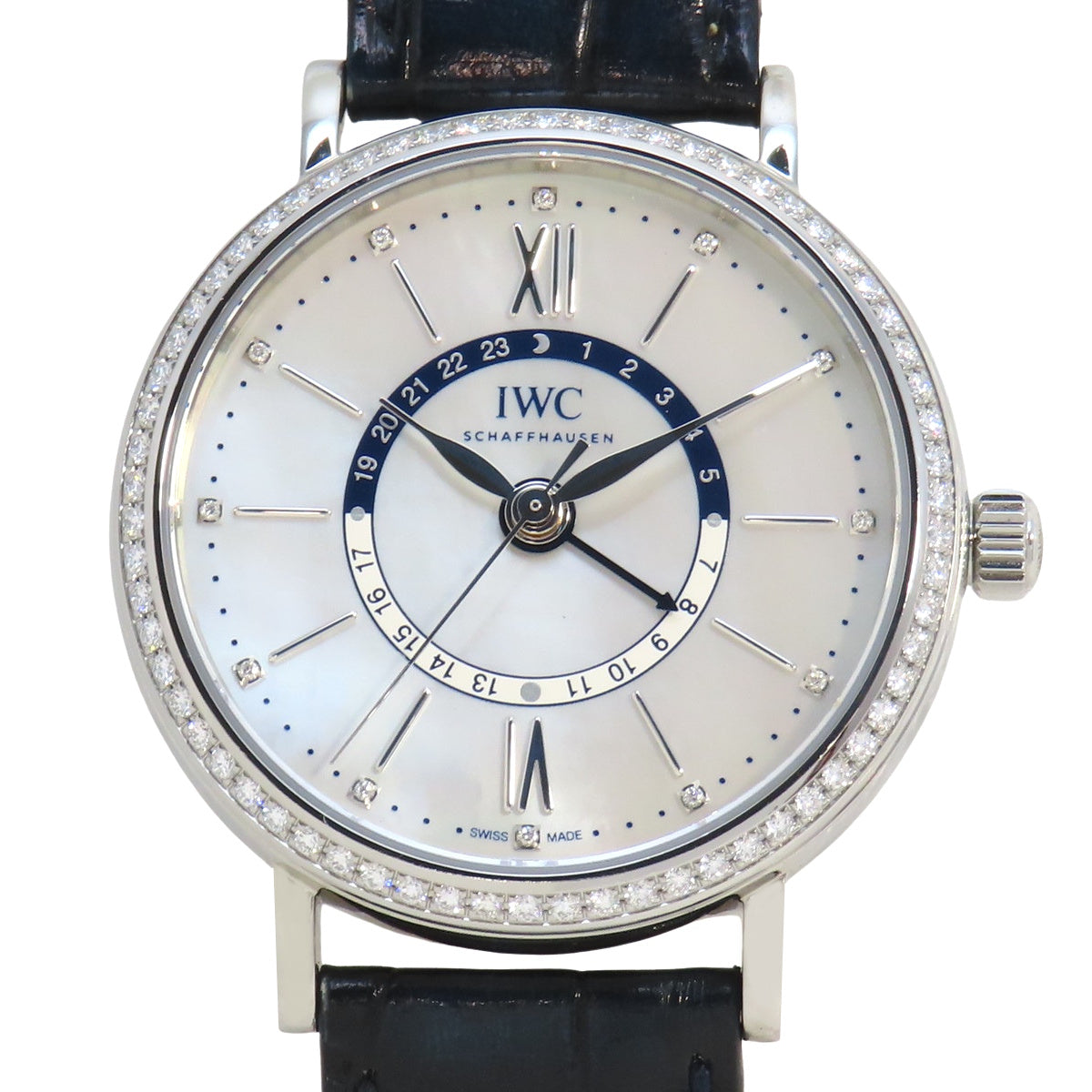 Portofino 中号日夜显示表圈镶钻 IW459101 不锈钢/皮革表带 白色表壳 表盘 12点镶钻刻度 自动男士腕表