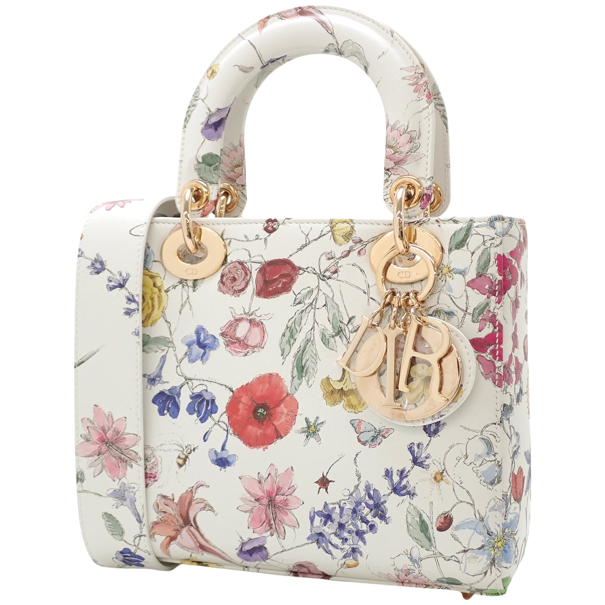 Lady Dior Small Leather Bag, White, Multicolor