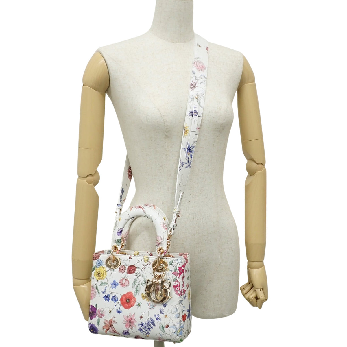 Lady Dior Small Leather Bag, White, Multicolor