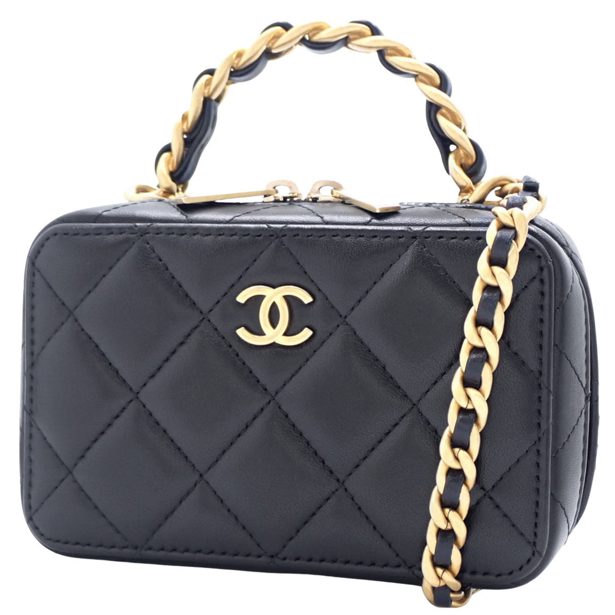 Matelasse Coco Mark Top Handle Chain Shoulder Bag, Lambskin, Black, AS3319