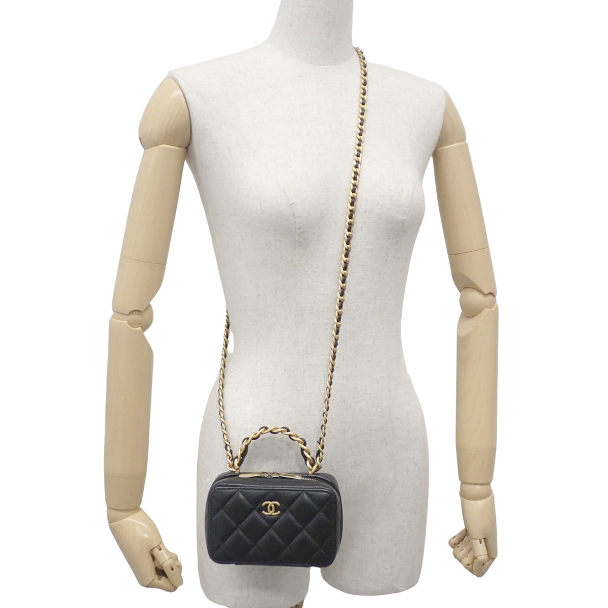Matelasse Coco Mark Top Handle Chain Shoulder Bag, Lambskin, Black, AS3319