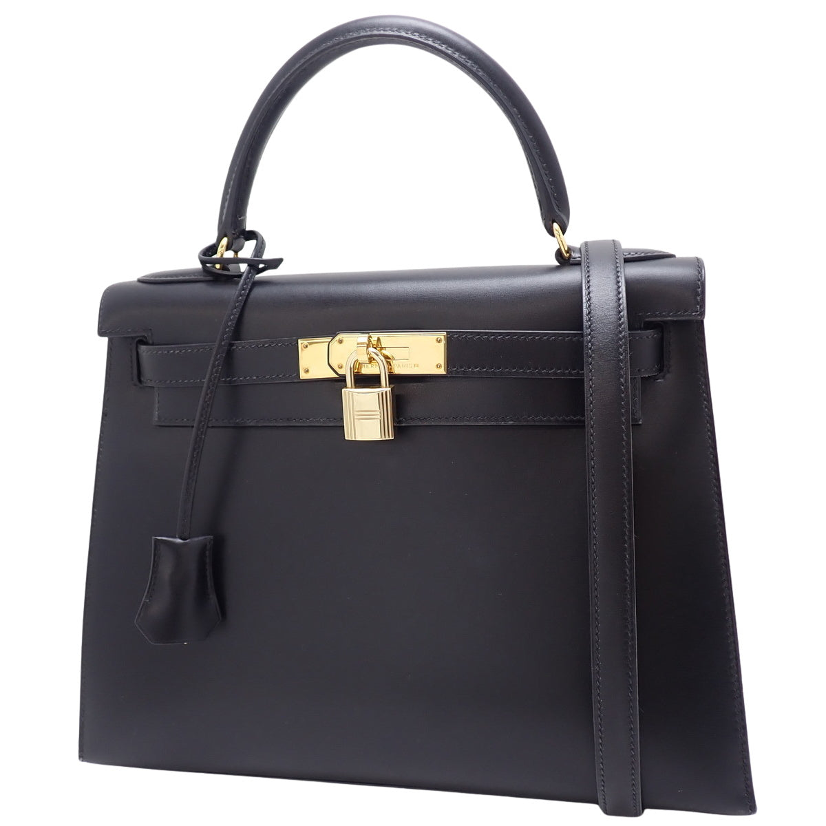 Kelly 28 (Exterior Stitched) Box Calfskin, Black, Gold Hardware, 〇Z Stamp