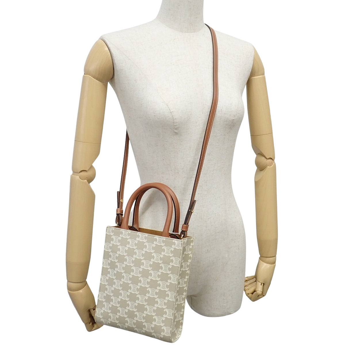 Mini Vertical Cabas Calfskin Triomphe Canvas Beige Brown 194372FLB.02GR