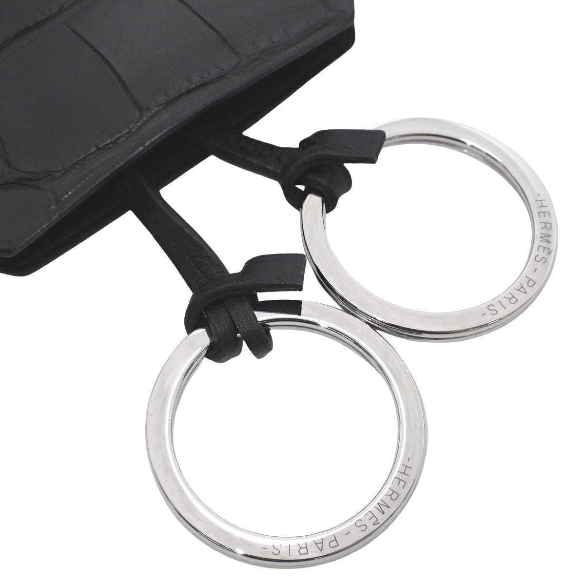 钩编鳄鱼皮哑光皮革钥匙圈,黑色银色五金配件,W 刻字