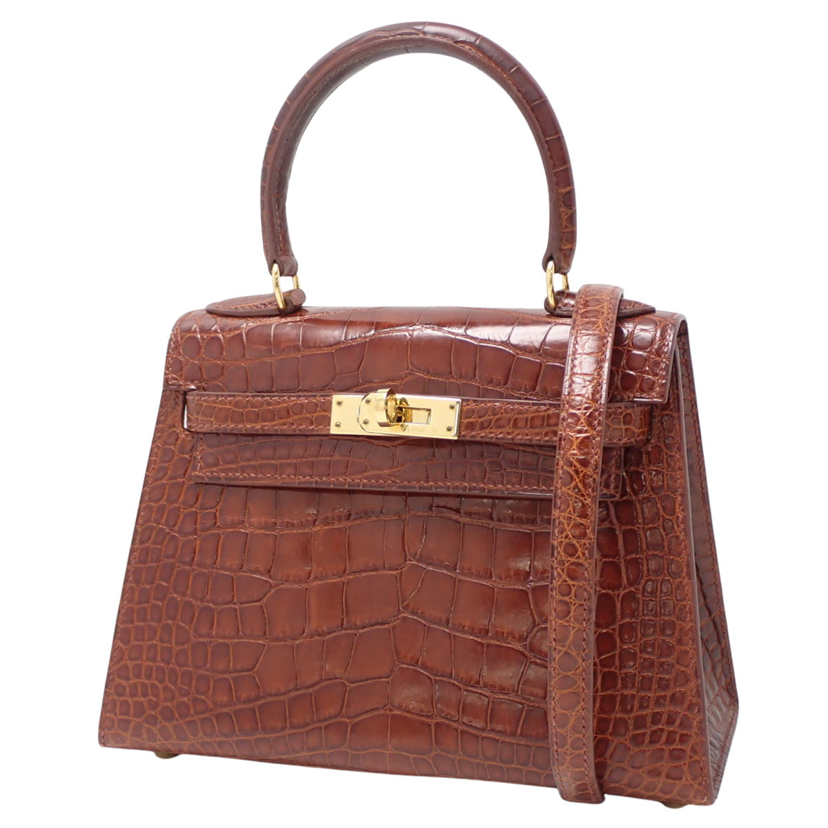 迷你凯莉包,鳄鱼皮/短吻鳄皮,金色五金配件,D字印记