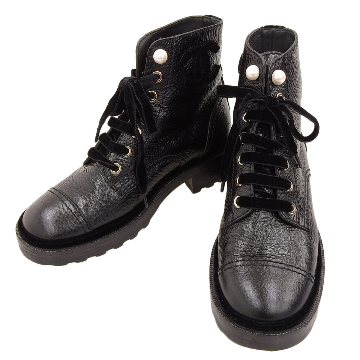 天鹅绒可可标志珍珠装饰系带靴 36码