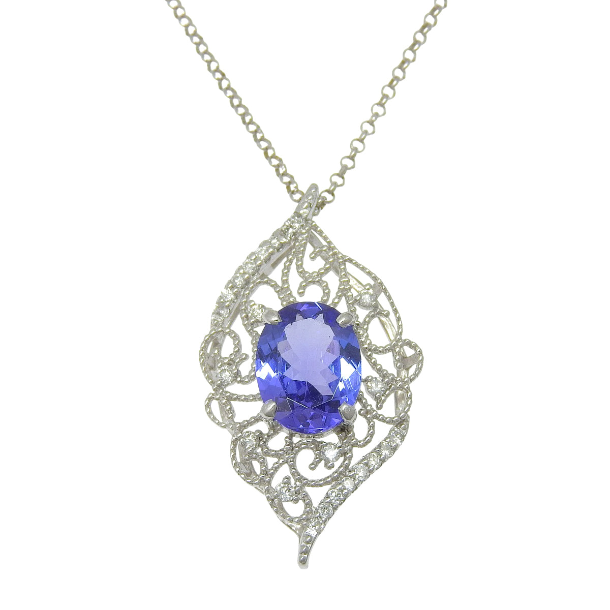 Tanzanite and Diamond Leaf Necklace in White Gold (K18WG) and Platinum (Pt900)