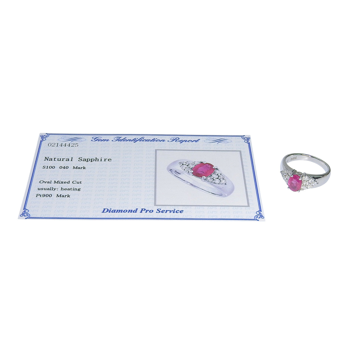 Pink sapphire and diamond ring in platinum (Pt900)
