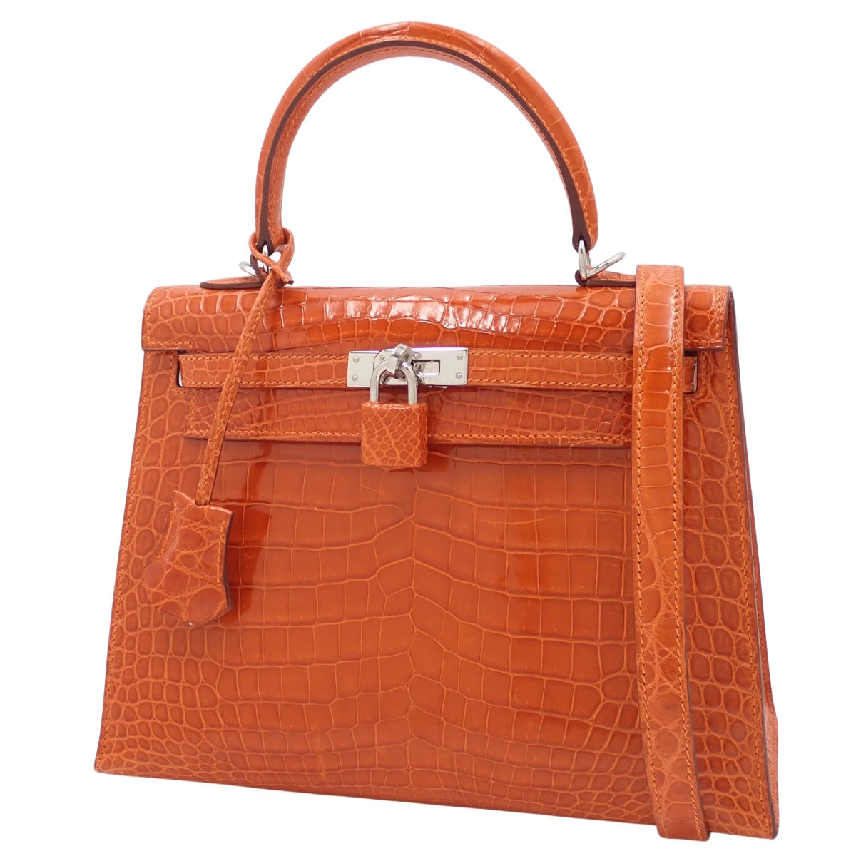 Kelly 25 (outer-stitched) Nile crocodile, palladium hardware, silver hardware, □J stamp.