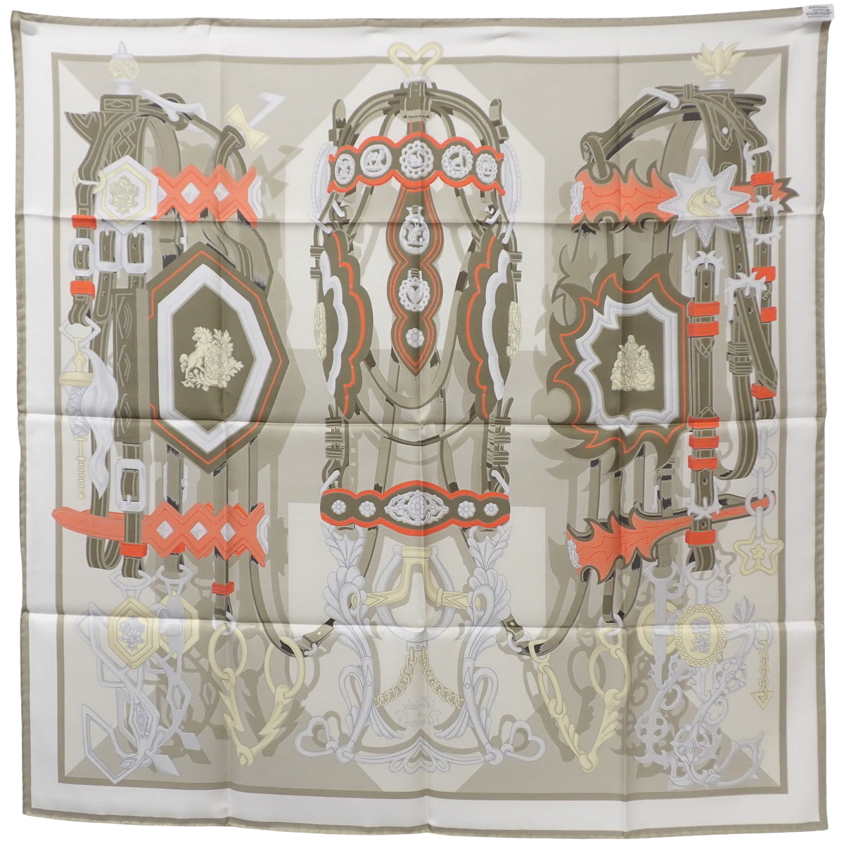 Brides et Destin, Carre 90 silk scarf, Veil Argent/Khaki/Corail