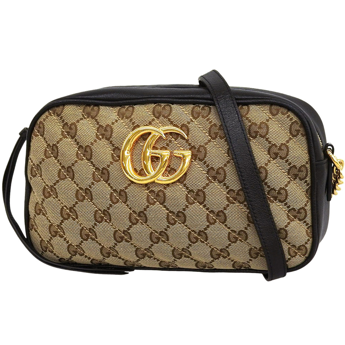 GG Marmont Small Camera Bag in Beige and Black GG Canvas (447632)