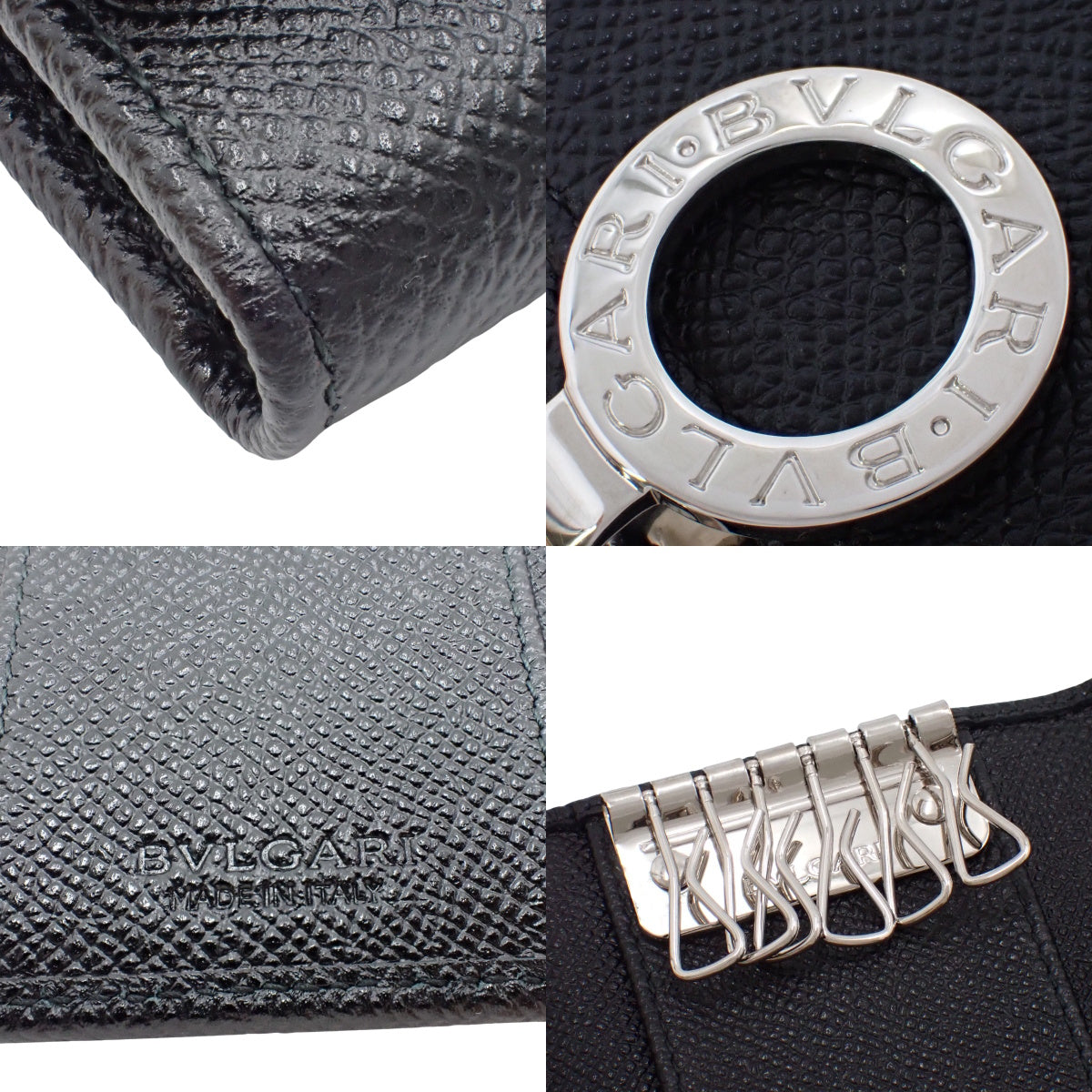 Bvlgari Bvlgari Men's 6-Key Ring Key Case, Grained Calfskin Leather, Black, 30422