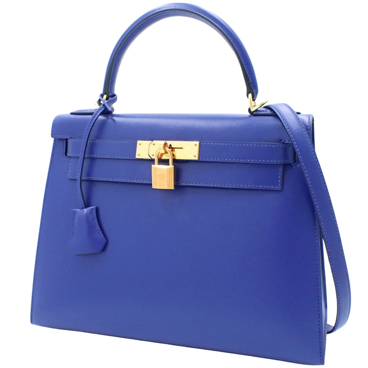 Kelly 28 (Exterior Stitched) Box Calf Blue Electric Gold Hardware D Stamp