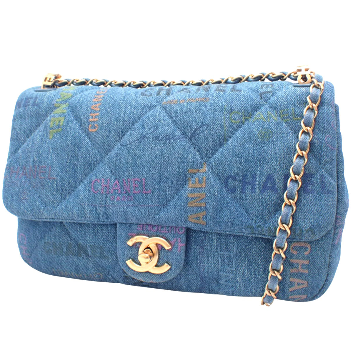 绗缝链条单肩包,小号,棉质牛仔布,蓝色,多色,AS3134