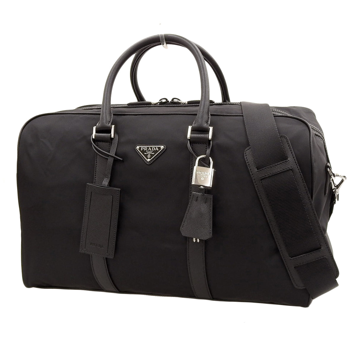 ロゴプレート ボストンバッグ ナイロン サフィアーノレザー ブラック