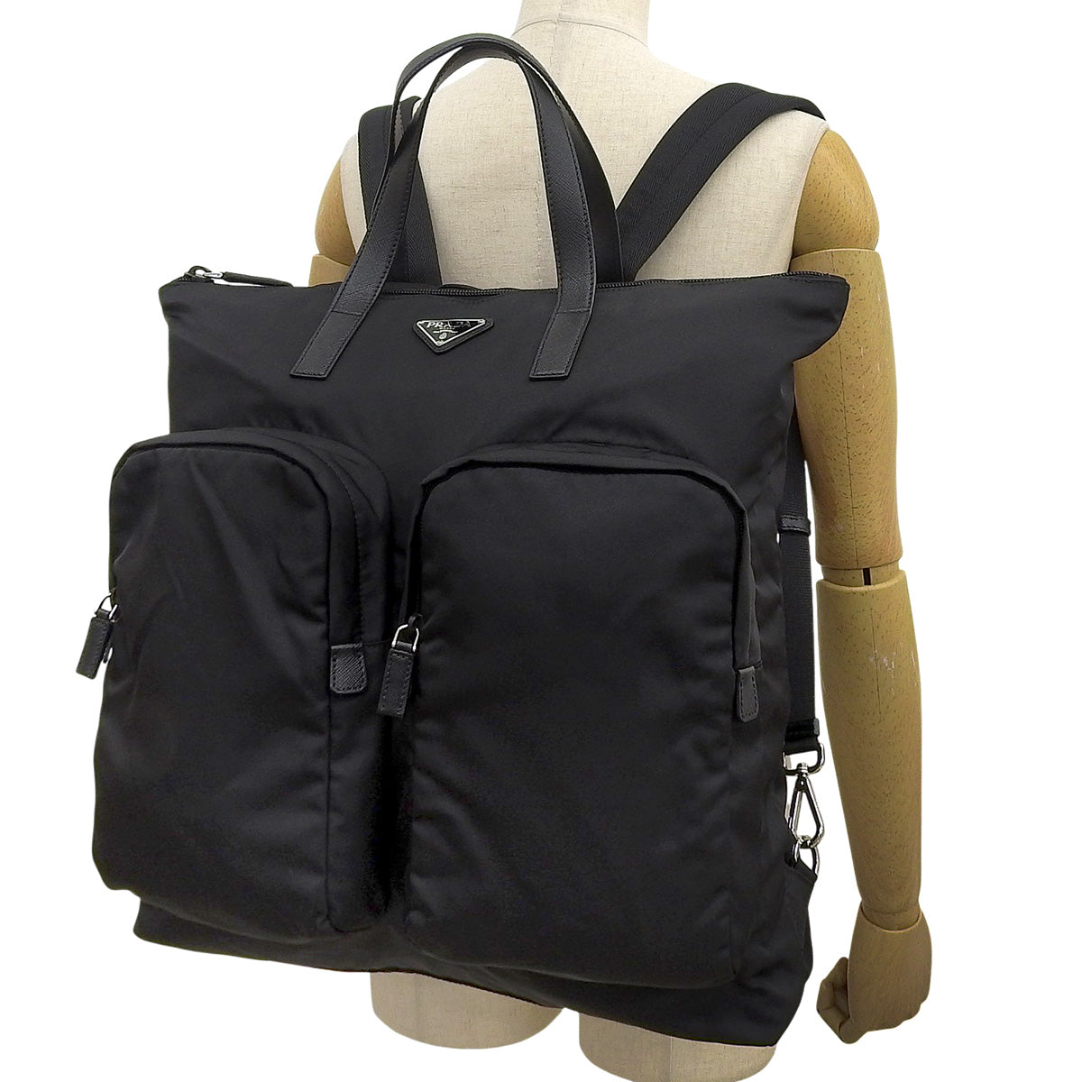 Re-Nylon 2way ショッピングバッグ ナイロン サフィアーノレザー ネロ 2VG053