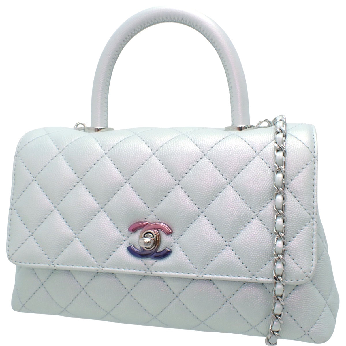 Matelasse Coco Handle XS Caviar Skin, Silver White, A92990
