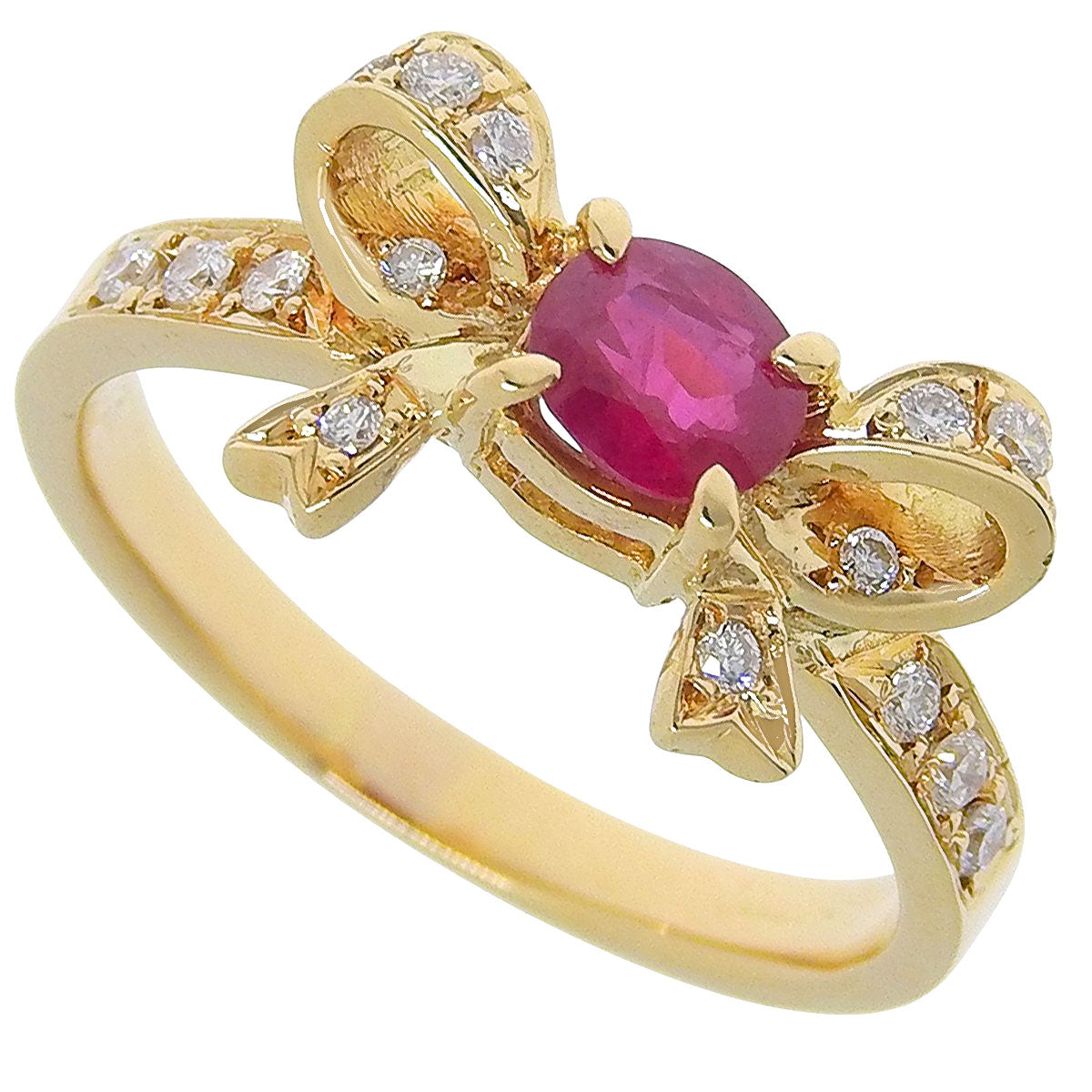 ルビー ダイヤモンド リボンモチーフ リング R0.39/D0.13 イエローゴールド K18YG 4.0g