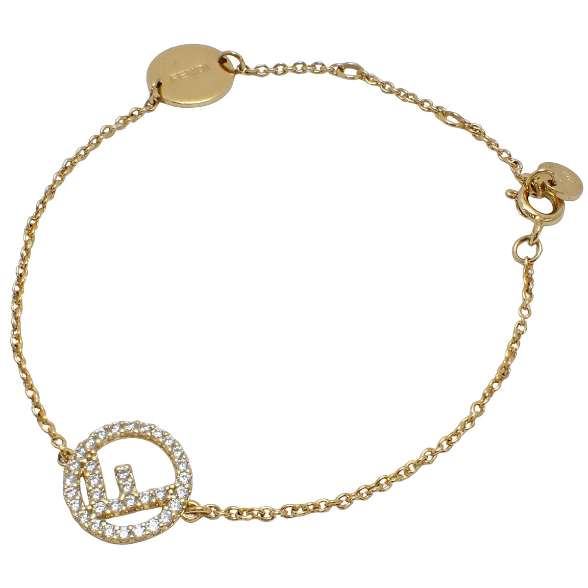 F is Fendi chain bracelet, metal (gold plated), brass, zirconia stones.