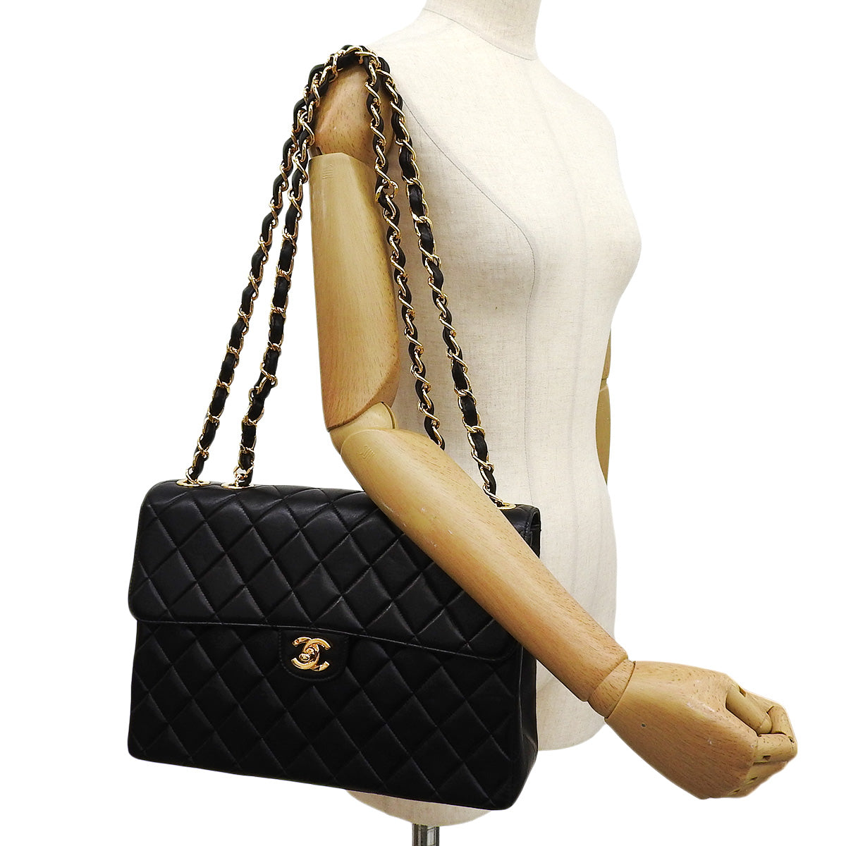 Matelasse链条单肩包,羊皮,黑色